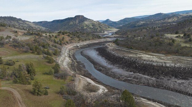 Reseeding began immediately on the newly exposed ground as the reservoir drained and the shoreline behind Iron Gate Dam receded. Photo credit: Swiftwater Films 